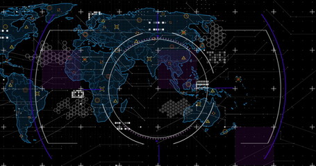 Image of scope, markers and data processing over world map