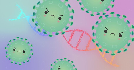 Floating green virus with angry face drifting in abstract digital space, with colorful DNA helix