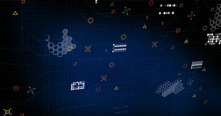 Image of data processing and markers over blue background