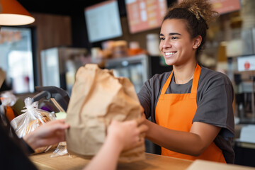 Ordering take away in a fast food restaurant, an employee in uniform passing the brown paper bag of food to the customer at the counter