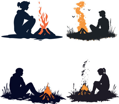 Person sitting by campfire warm silhouette vector