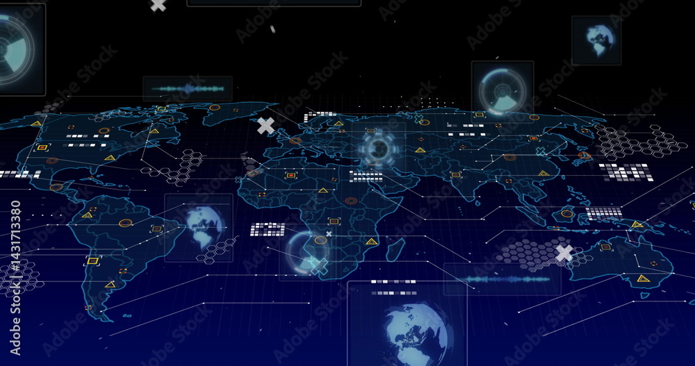 Poster image of scopes scanning, data processing and markers over world map