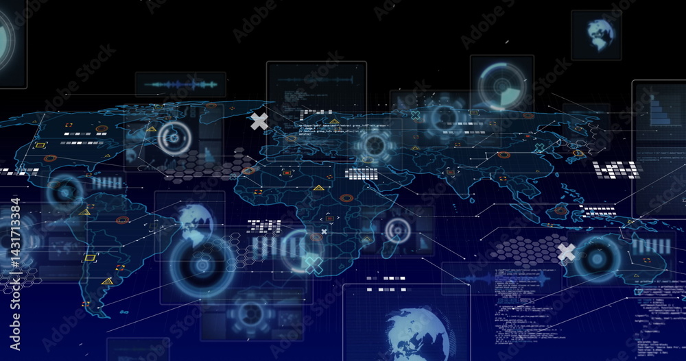 Poster image of scopes scanning, data processing and markers over world map