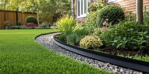 Fototapeta premium Garden path with black-edged border, pebble flower beds, green grasses, flowers, wooden fence, and lush trees.
