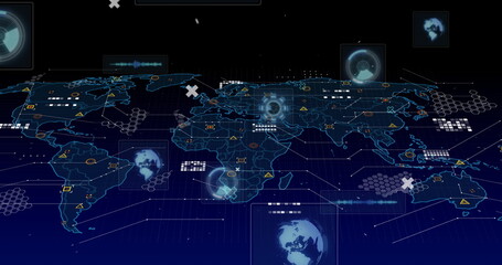 Image of scopes scanning, data processing and markers over world map