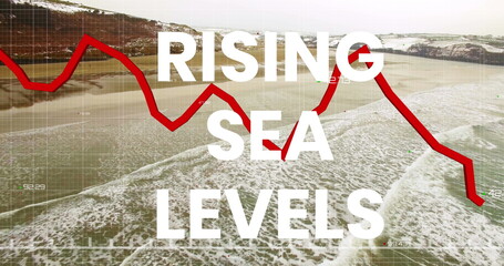 Image of rising sea levels over financial graph and seascape