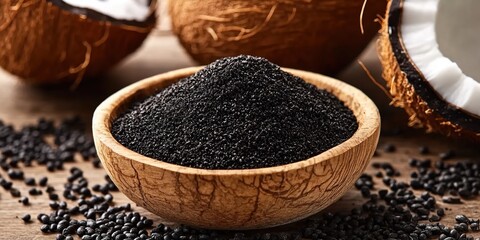 Wooden bowl of black seeds with halved coconuts on a wooden surface.