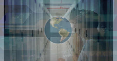 Image of mathematical equations and globe over server room and caucasian woman using vr headset