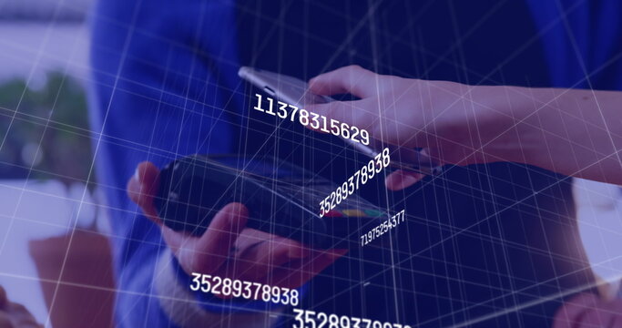 Image of data processing over diverse people paying with smartphone