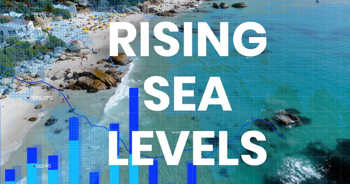 Image of rising sea levels over financial graph and seascape - Powered by Adobe