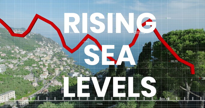 Image of rising sea levels over financial graph and seascape