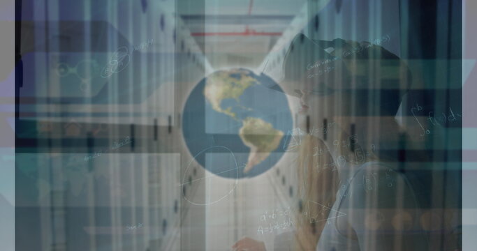Image of mathematical equations and globe over server room and caucasian woman using vr headset - Powered by Adobe