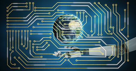 Image of integrated circuit over globe and arm of robot