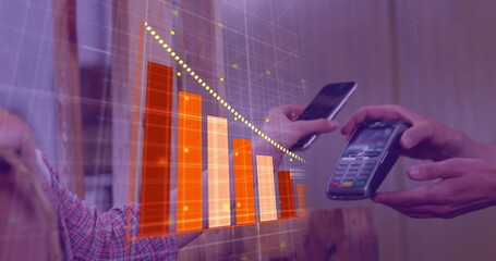 Image of graphs over hands of caucasian man using contactless payments