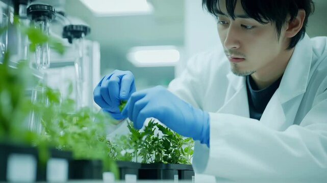 植物研究に取り組む若い日本人科学者の集中した表情