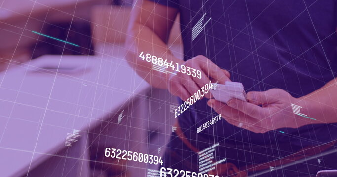 Image of graphs over hands of caucasian man using contactless payments