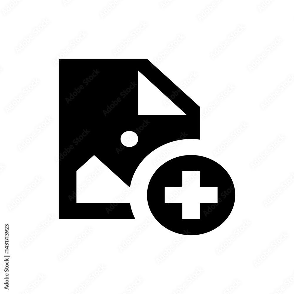 Poster black and white image of a document with a landscape and a circle with a plus sign overlaying it nea