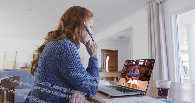Image of data processing over caucasian woman working from home, having image call
