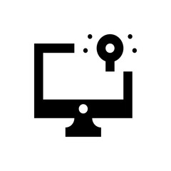 A black and white illustration of a computer monitor with a key above it and small circles around it