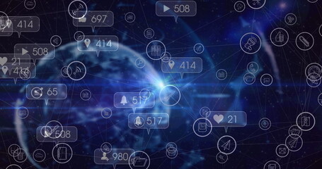 Image of social media icons and numbers over globe