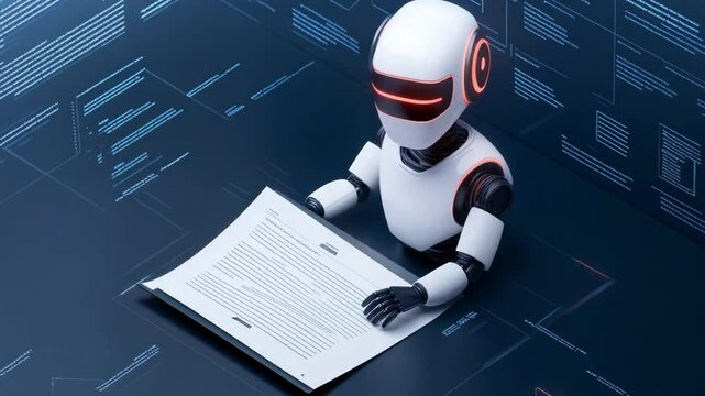 A Robot engrossed in Reading a Document Amidst a Futuristic Digital Environment