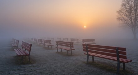 Misty Sunrise Over Empty Benches A Serene Winter Morning Scene