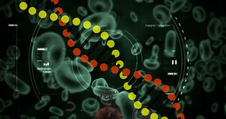 Image of dna strand and data processing over virus and blood cells