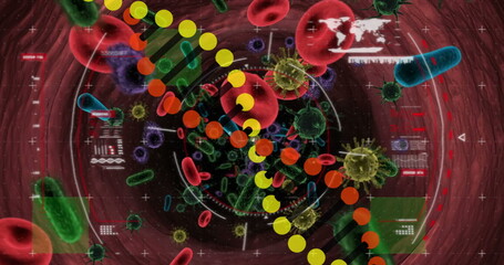 Image of dna strand and data processing over virus cells