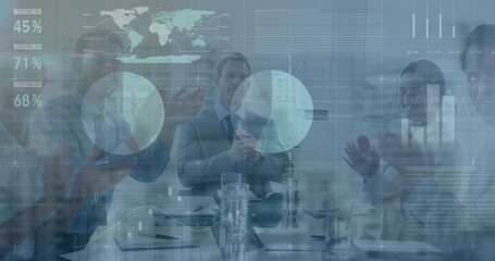 Image of financial data processing over diverse business people