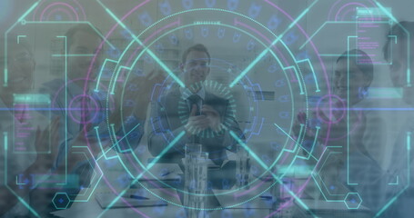 Image of data processing and scope scanning over diverse business people