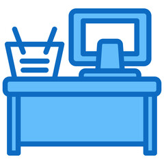 cashier with computer, and basket blue fill icon