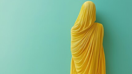 Iconic Representation of Law and Science Through a Towering Figure in Yellow Drapes Against a Soft Green Background
