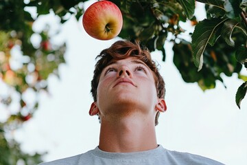 Young Man Gazes Upwards at Hanging Apple in Orchard Contemplating Nature and Life Choices Under Clear Sky