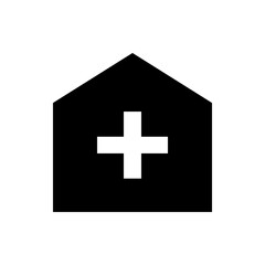 Black house shaped icon with a white plus sign in the middle representing a medical facility or hospital