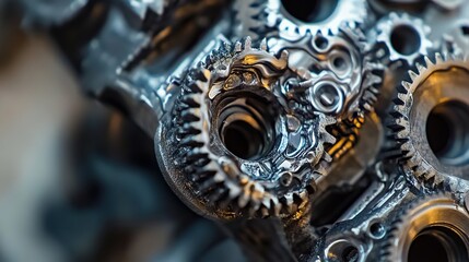 Close-up of metallic gears with holes and detailed textures.