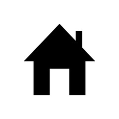 Illustration of a simple house shape with a chimney and a roof, depicted in a solid black color scheme