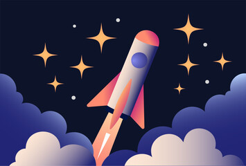 Minimalist Rocket Launch Vector &ndash; Flying Rocket with Smoke Trail, and Stars | Smooth and Subtle Gradient