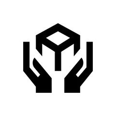 Two hands holding a geometric cube shape with care and support depicted in a simple black and white style