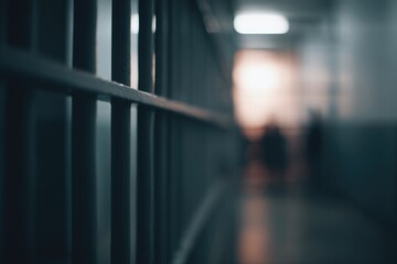solitary prison cell with blurred figures in background offering minimalist scene with ample copy space on clean image