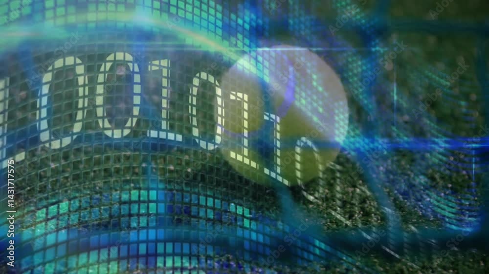 Poster curved 3d mesh being animated in futuristic data scene, with glowing squares and binary digits