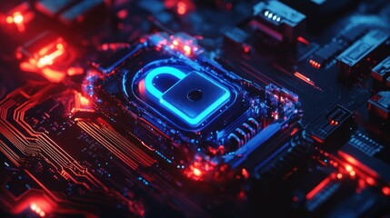 Obraz premium Cyber security lock on circuit board; digital data protection (2)