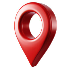 Location pin icon, 3D red glossy map marker, isolated on transparent background, high-resolution PNG for navigation apps, GPS interfaces, digital maps, and user interface design