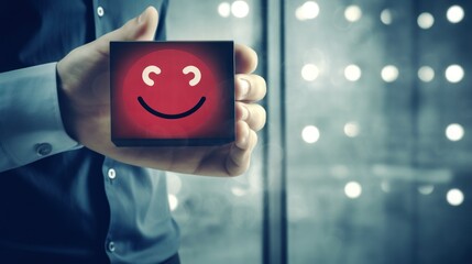 A customer service evaluation concept where a user selects a happy face emoticon on a virtual touch screen, emphasizing satisfaction