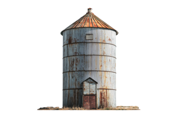 A solitary weathered grain silo isolated on transparent background

