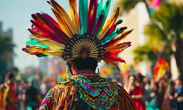 Vibrant celebration of culture with a colorful feathered headdress at a lively street festival