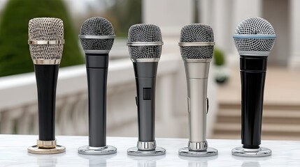 Four microphones positioned against a blurred stage background inviting performers to share their talents with an eager audience