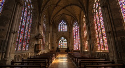 Fototapeta premium Majestic Gothic Church Interior Stained Glass and Tranquil Sanctuary