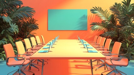 Tropical office meeting room, laptops on table, sunlit plants