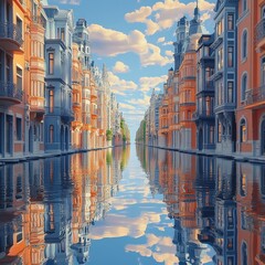 Fototapeta premium Orange blue city reflects in water.