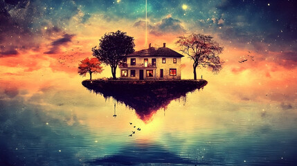 Fototapeta premium house floating among the stars, tethered to the ground by a glowing thread of light 
